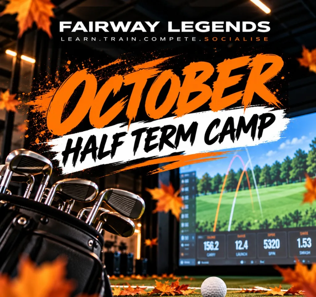 October Half-Term Camp poster showing a golf bag, ball and TrackMan screen at the Fairway Legends studio