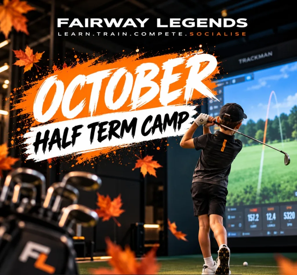 October Half-Term Camp poster showing a junior golfer hitting a shot in the Fairway Legends TrackMan studio